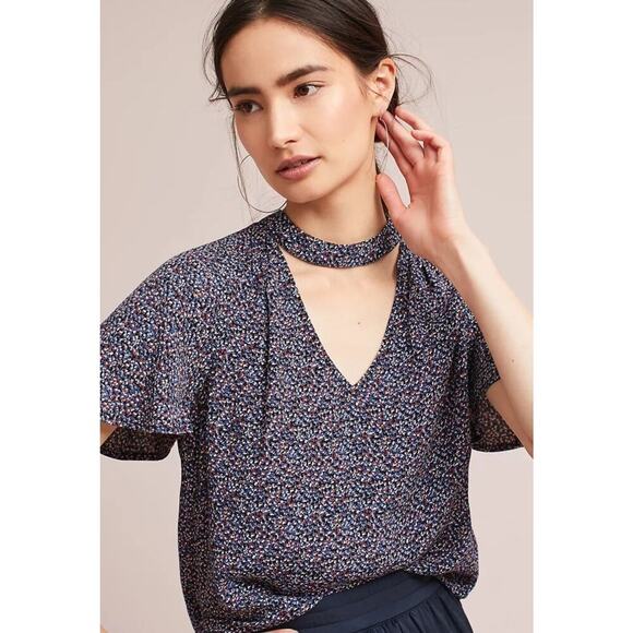 Anthropologie Maeve Printed Cutout Blouse M Floral Keyhole Crepe Flutter Sleeves - Picture 1 of 16
